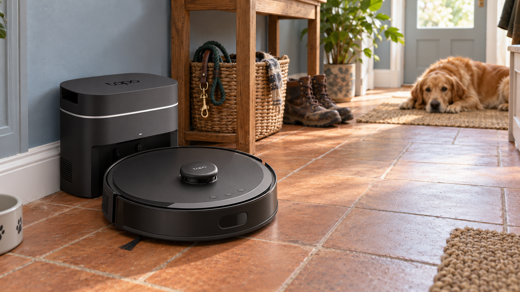 Black Tapo RV30 Max Plus Gen 2 robot vacuum and auto-empty dock in a tiled pet-friendly hallway with a dog resting nearby.