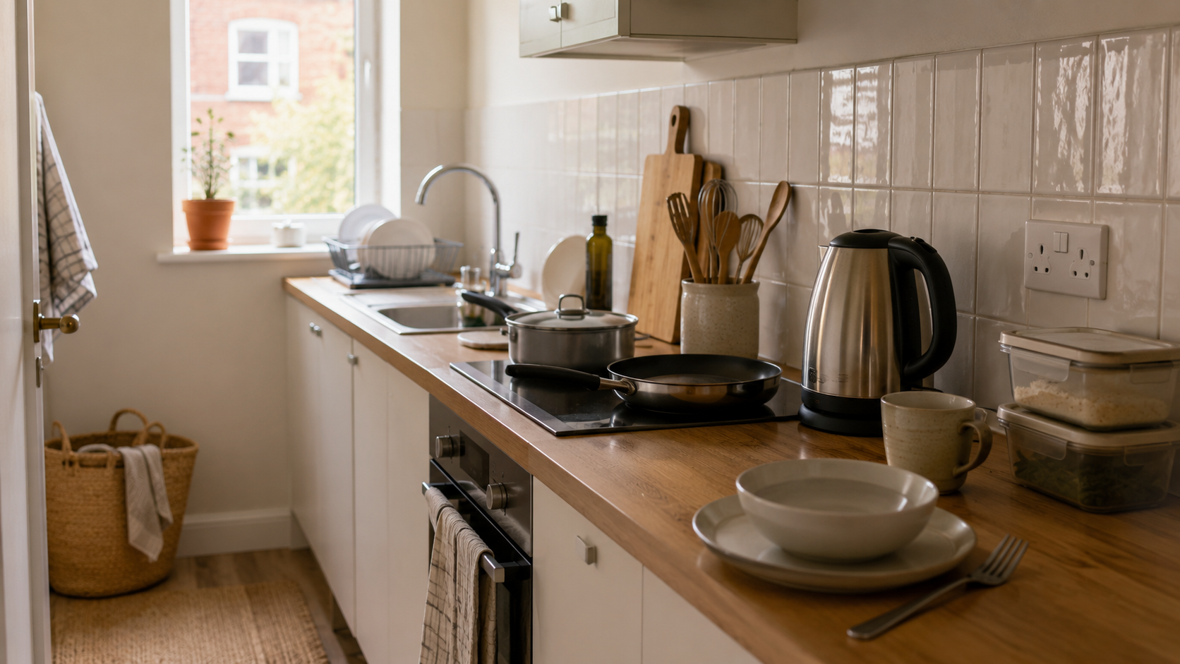 Compact first-flat kitchen with a kettle, cookware, crockery and stacked food-storage containers.
