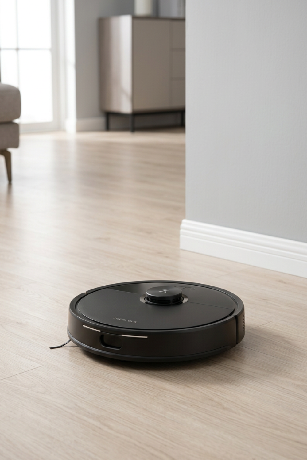 Smart robot vacuum on warm oak flooring.
