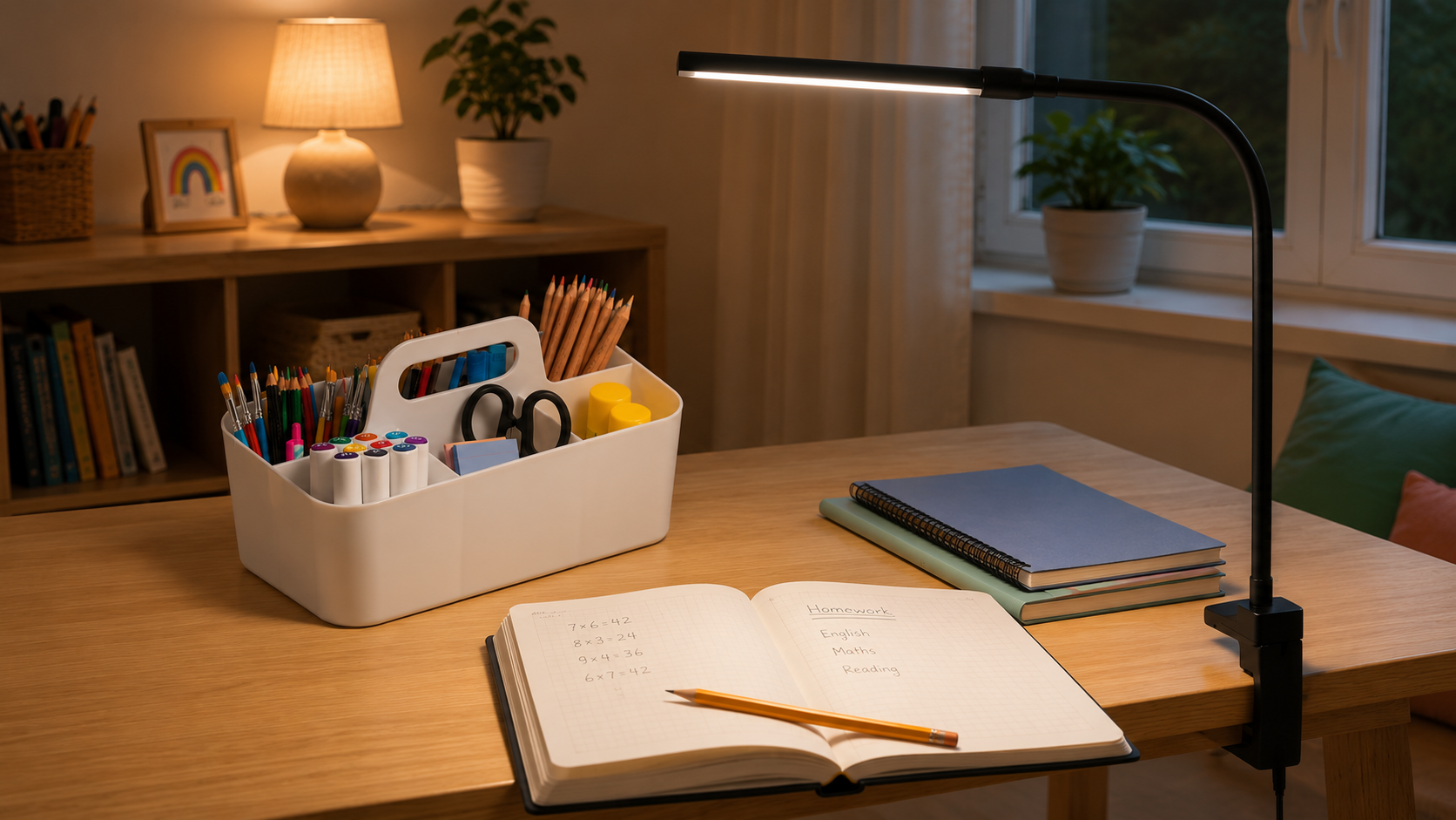Warm evening homework setting with a white stationery caddy, an open exercise book and a black clamp-on desk lamp on a wooden table.
