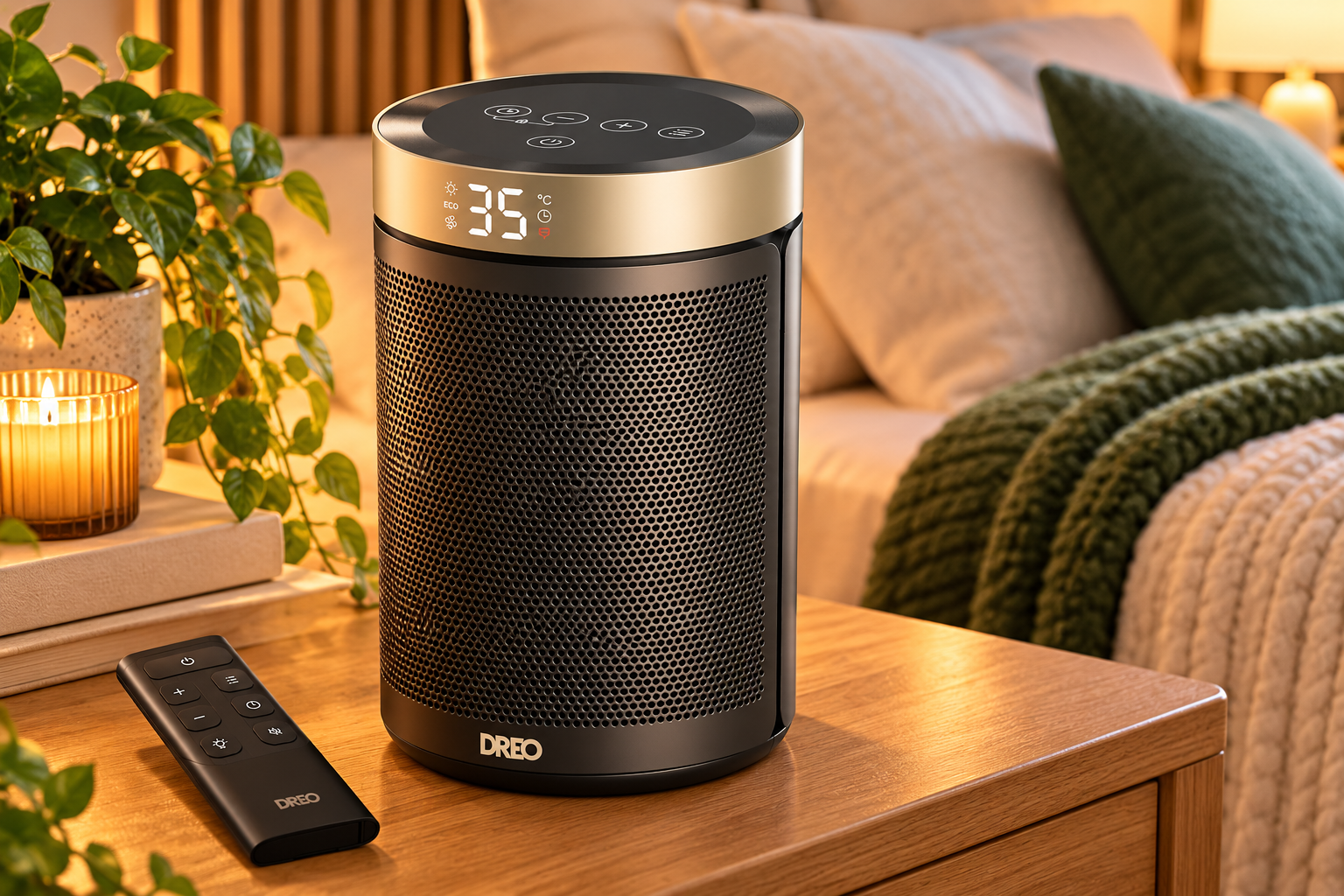 Dreo Atom 316 electric heater in black and gold on a wooden bedside table beside its remote, a candle and a plant in a cosy bedroom.