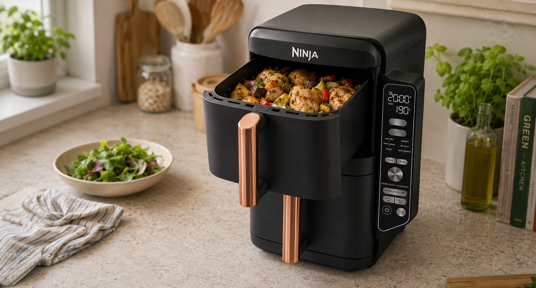 Ninja Double Stack XL air fryer with an open drawer containing cooked food