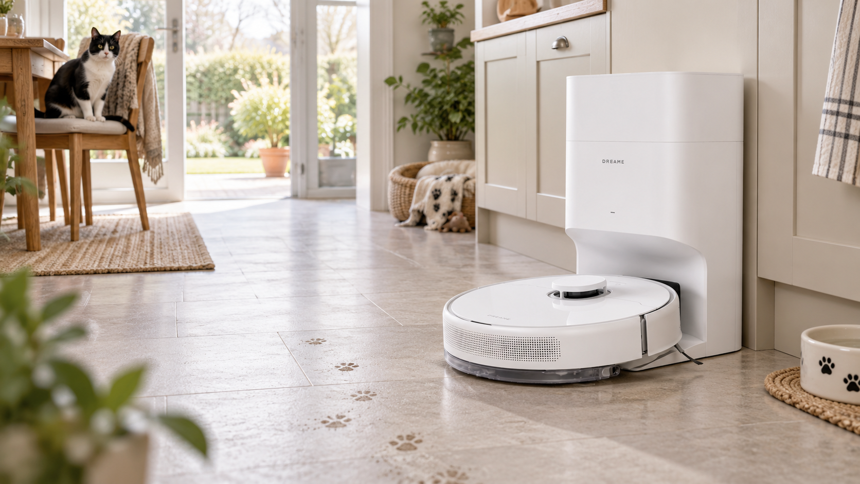 White Dreame D10 Plus Gen 2 robot vacuum and self-emptying dock cleaning light paw marks in a bright kitchen with a cat nearby.