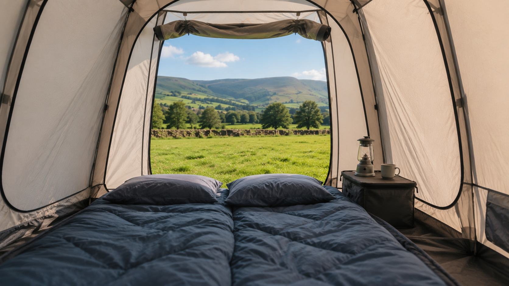 Two sleeping bags and camping pillows arranged inside a comfortable tent overlooking green Peak District-inspired countryside.