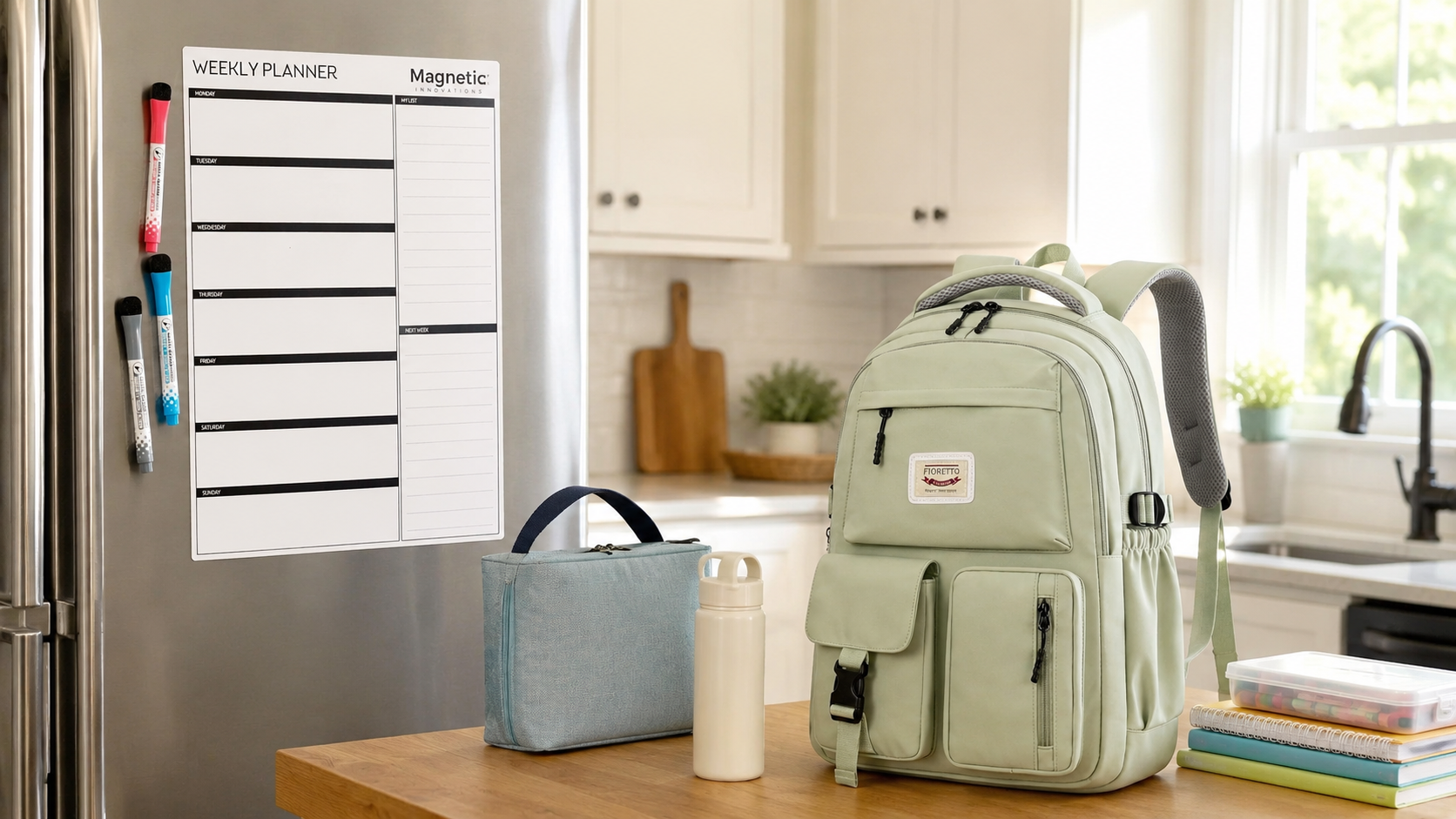 Bright family kitchen with a magnetic weekly planner on the fridge and a sage-green school backpack with school-day essentials nearby.