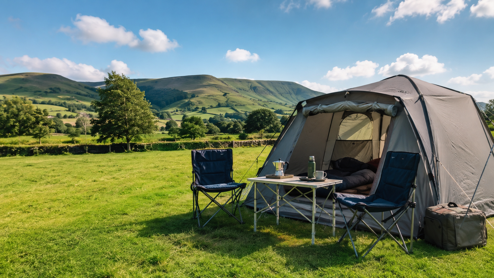 A comfortable tent, camping chairs and table set up in sunny countryside inspired by the Peak District.