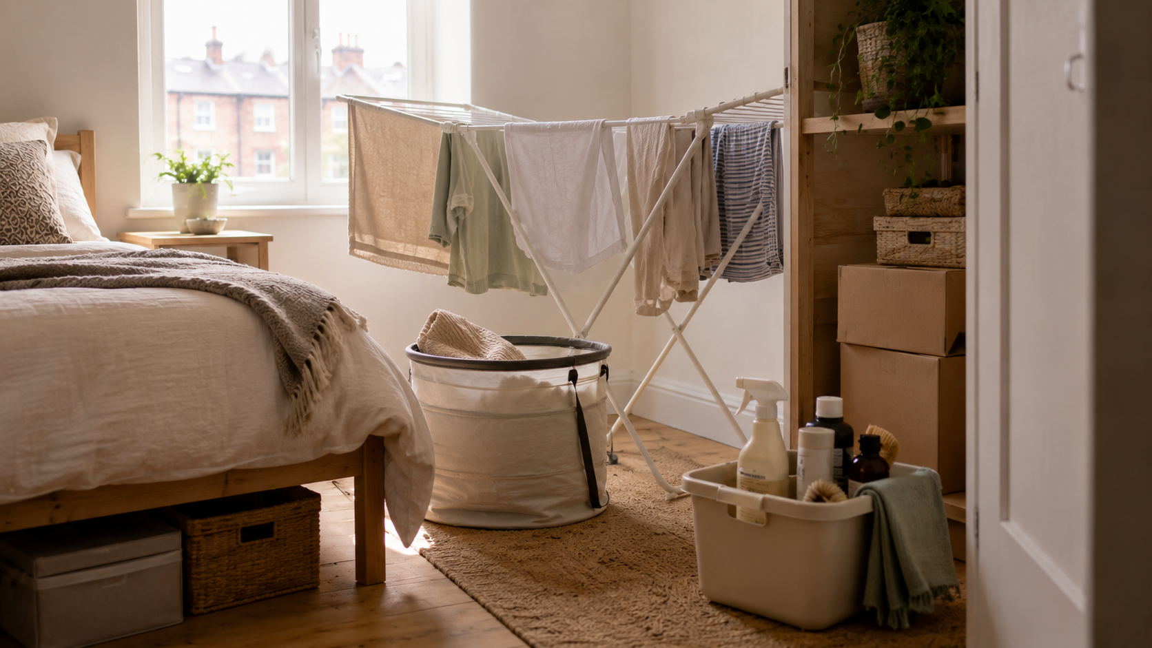 Small first-flat laundry area with a folding airer, collapsible basket and cleaning caddy.