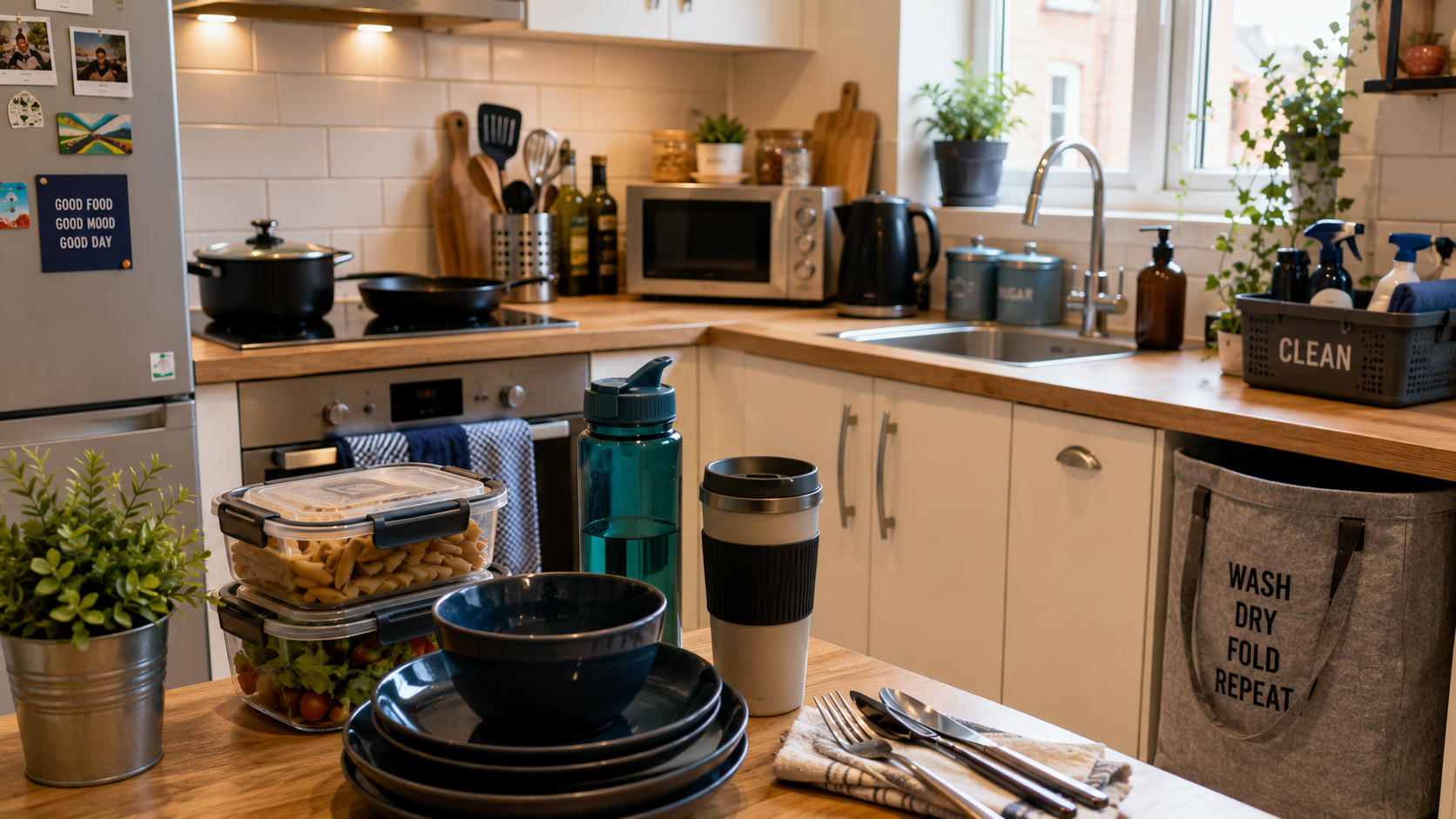 An organised shared student kitchen with cookware, tableware, food containers, a reusable bottle, travel mug and cleaning supplies.