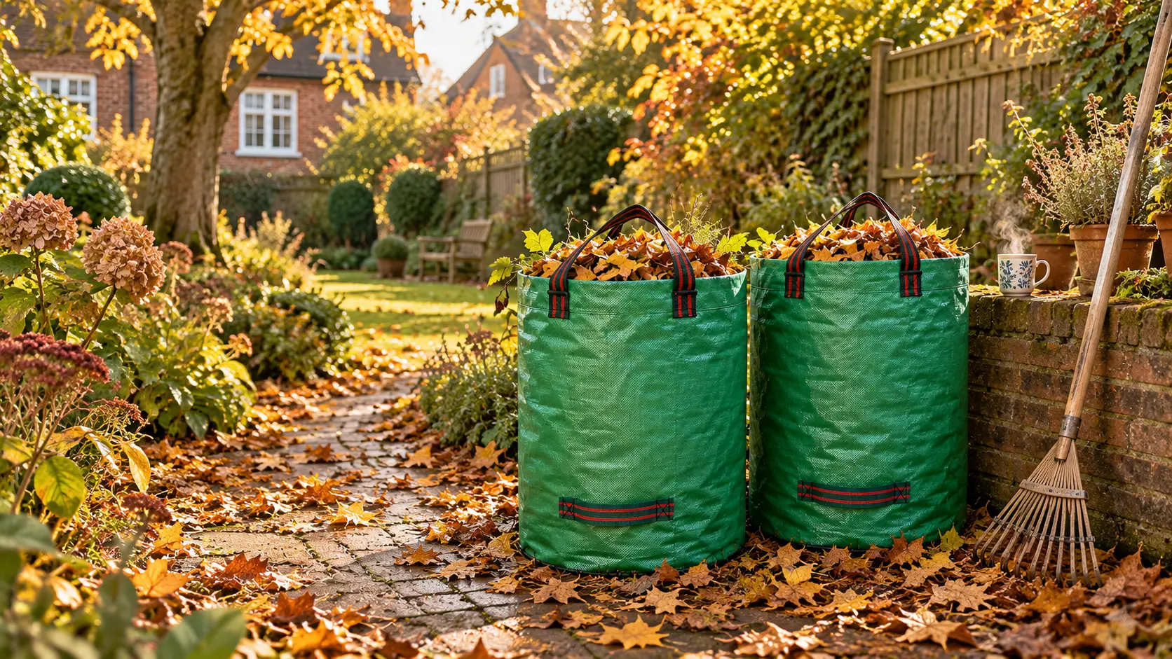Two large green garden waste bags filled with autumn leaves beside a leaf-covered garden path, low brick wall, steaming mug and garden rake.
