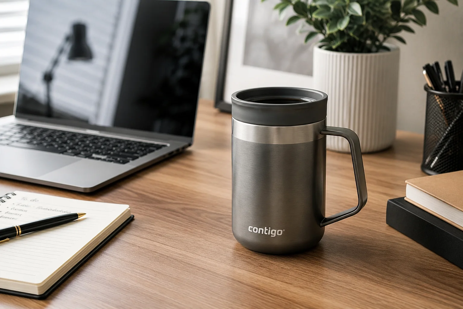 An insulated desk mug on a wooden desk beside a laptop and notebook.