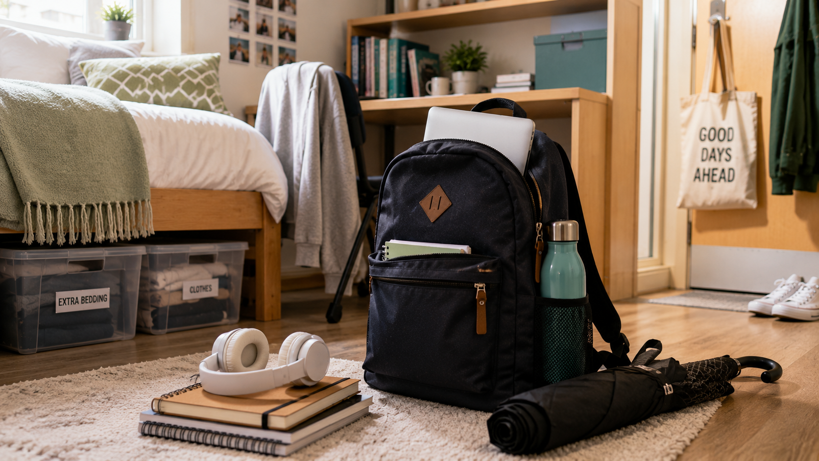 A student backpack packed with a laptop, notebooks and reusable bottle beside headphones and a compact umbrella in a university bedroom.