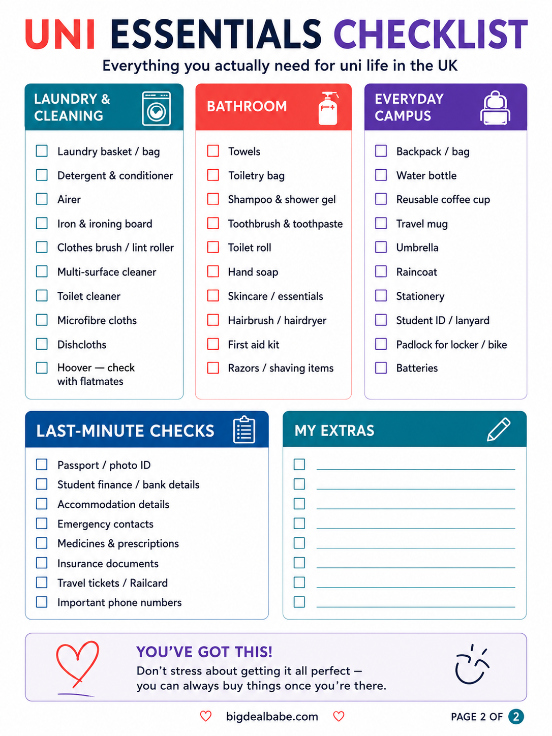 Page two of the Uni Essentials Checklist covering laundry, bathroom, campus essentials, last-minute checks and personal extras.