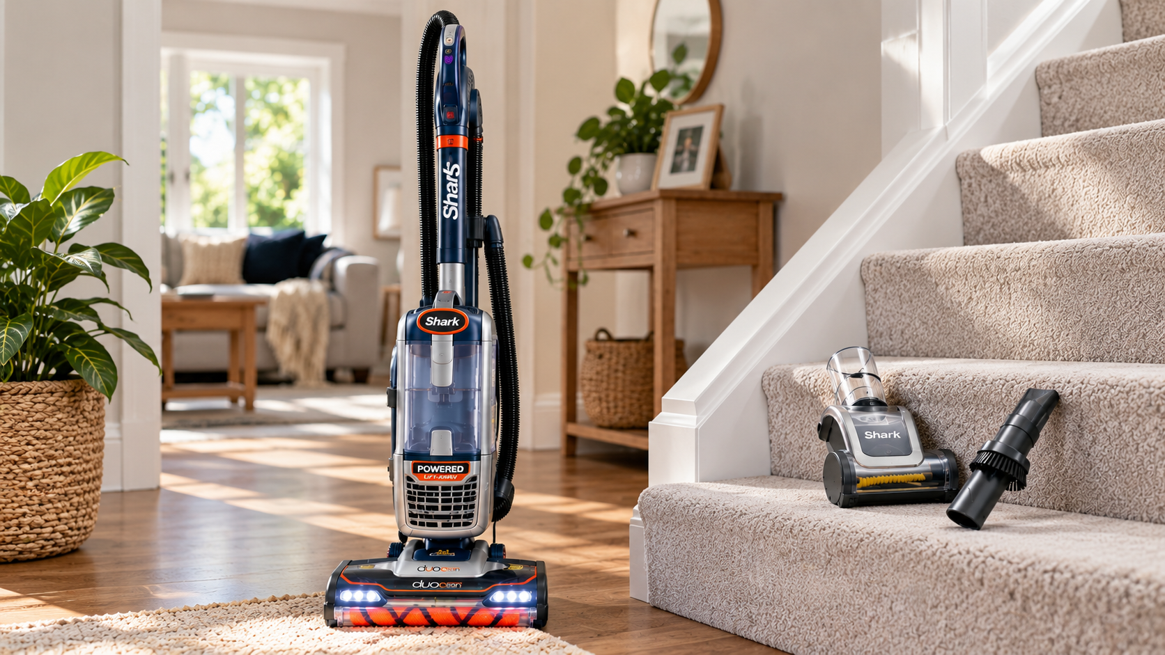 Shark NZ801UKT upright vacuum beside carpeted stairs with its pet and crevice tools displayed on a step.