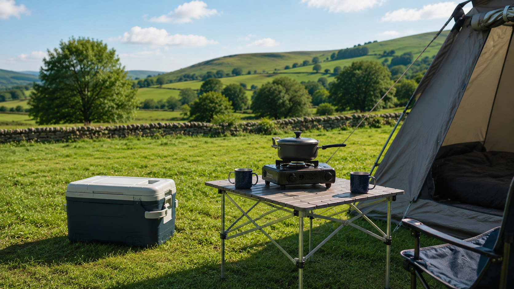 A campsite cooking setup with a portable stove, cookware and cool box in sunny Peak District-inspired countryside.