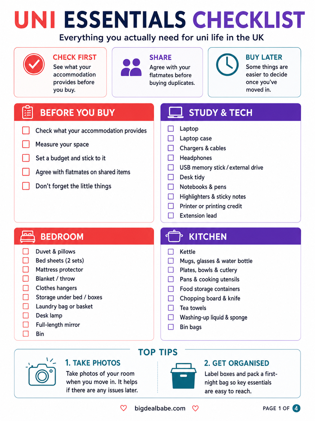 Page one of the Uni Essentials Checklist covering checks before buying, bedroom, study, technology and kitchen essentials.