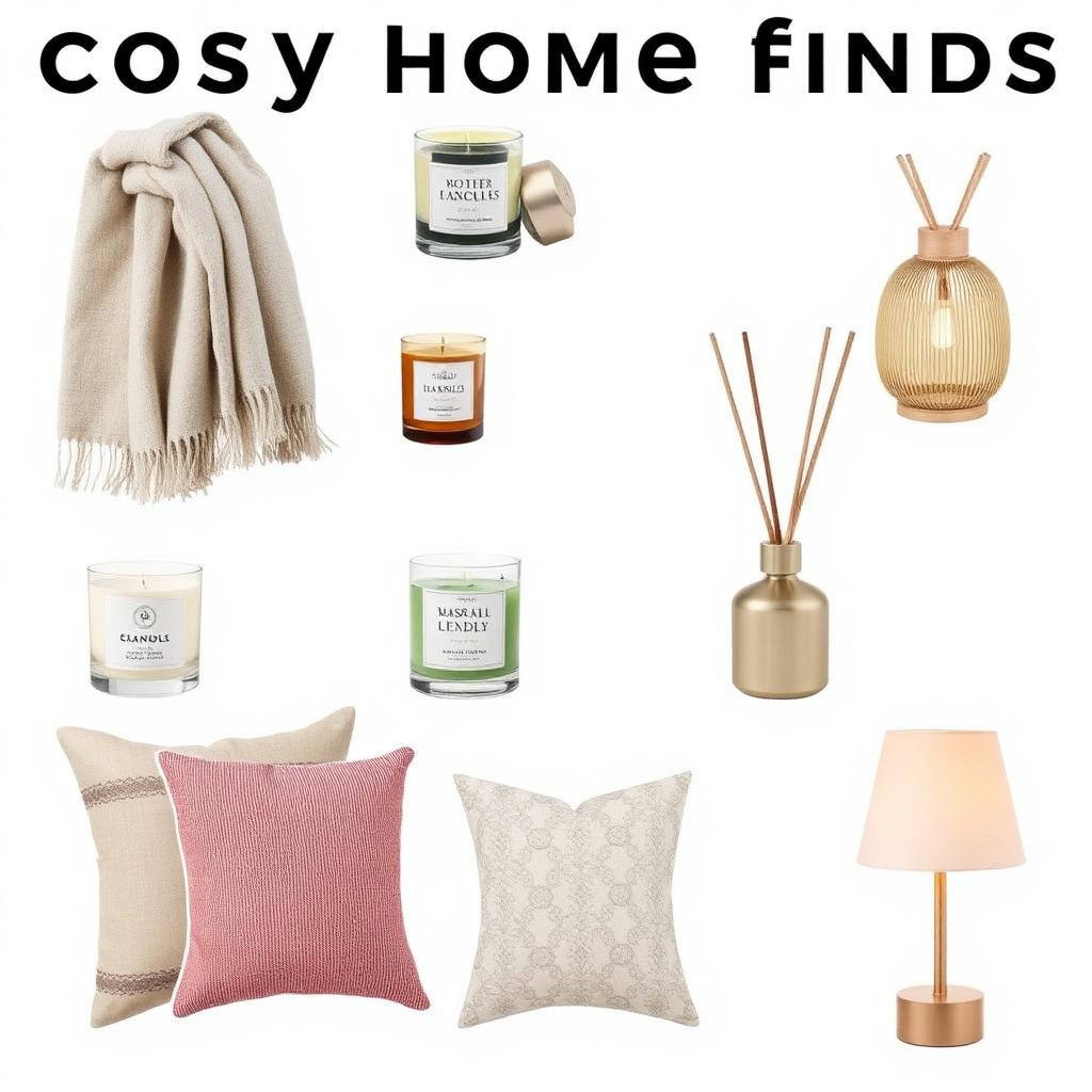 Collage of cosy home finds including a throw, candles, cushions and a warm lamp