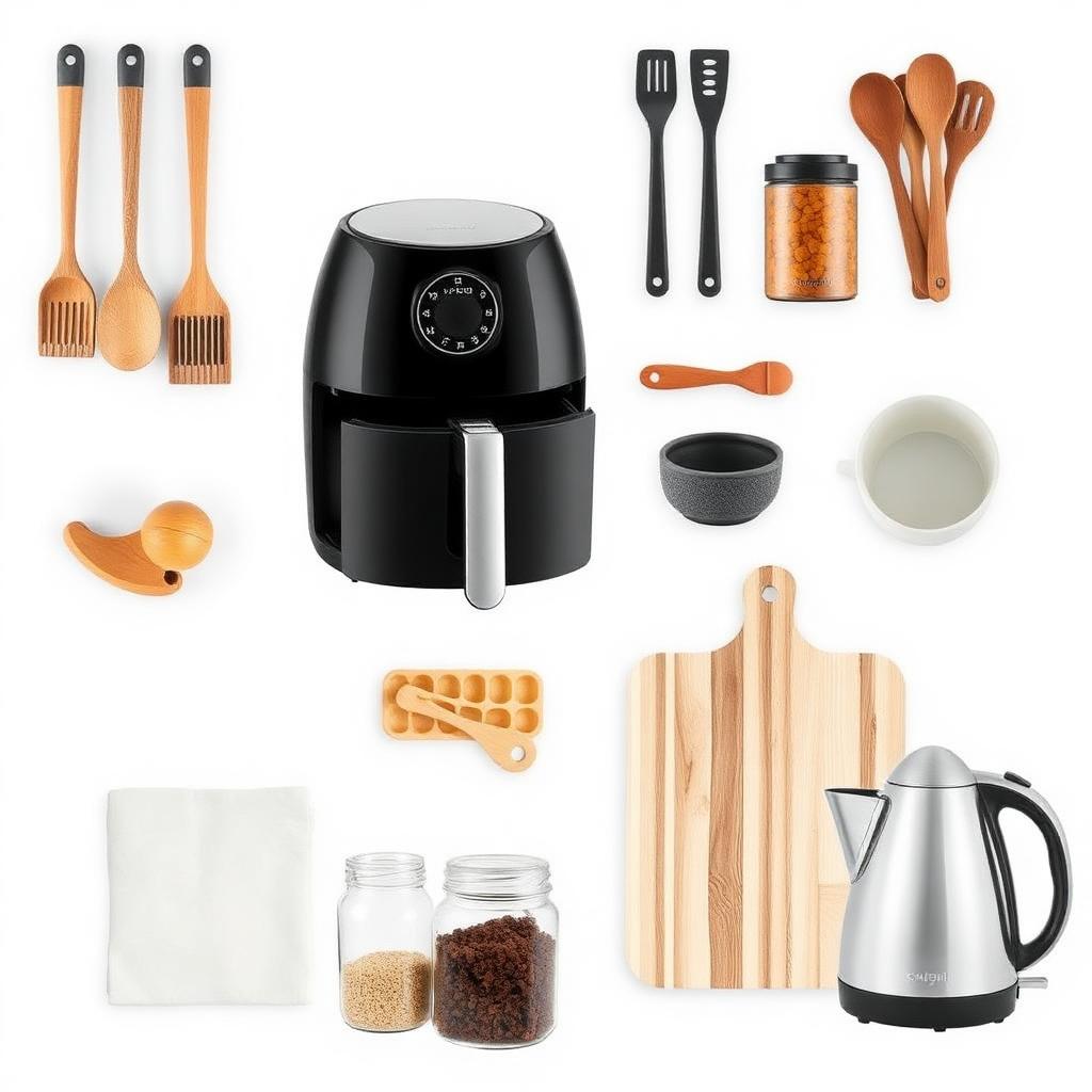 Collage of kitchen inspiration including an air fryer, utensils, storage jars and a kettle