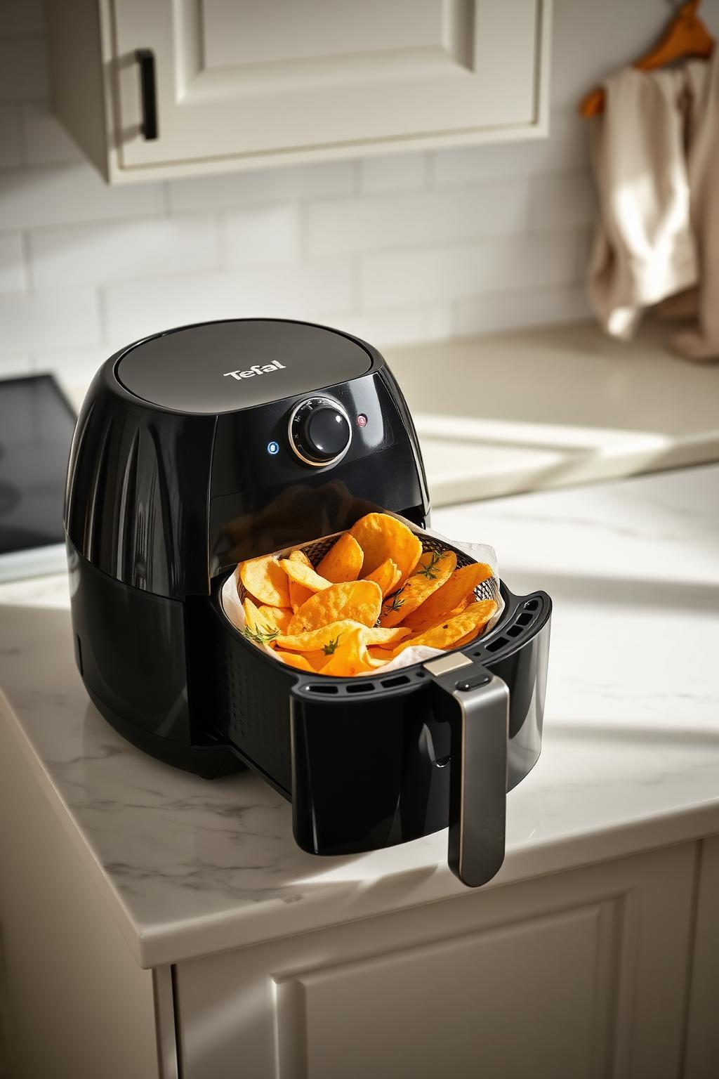 Black Tefal Easy Fry air fryer on a marble counter.