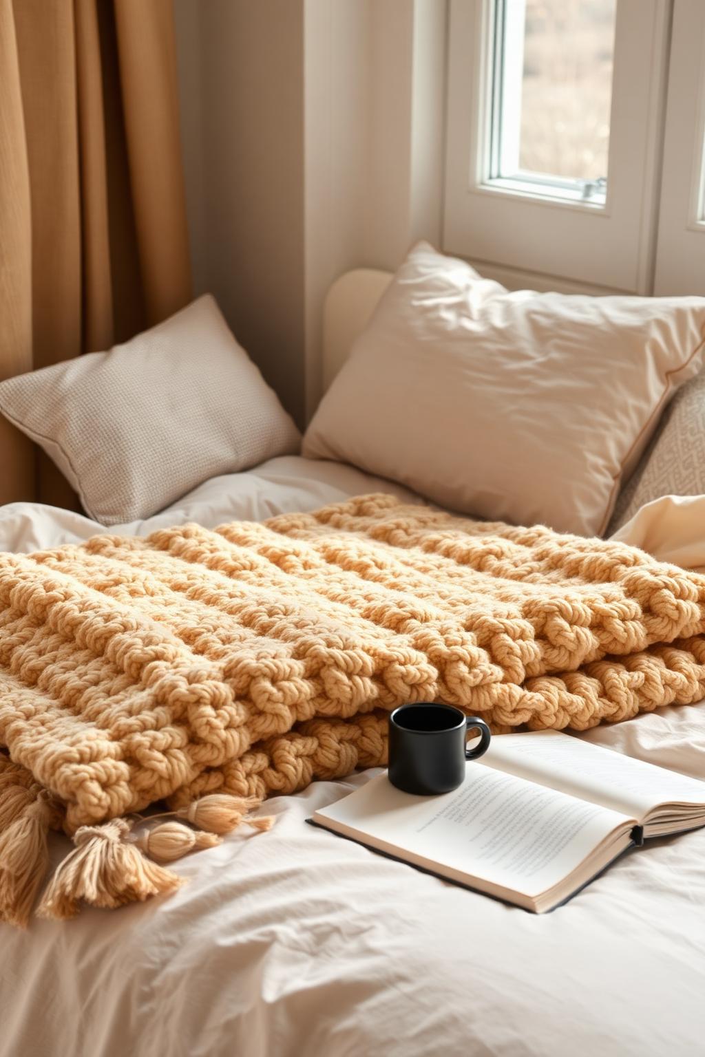 Chunky oat-coloured cotton weighted blanket folded across a neatly made linen bed with a steaming mug and an open book.