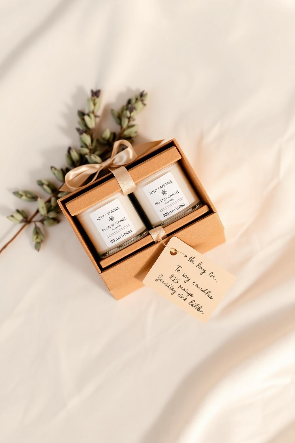 Kraft gift box with satin ribbon holding three soy candles, styled with dried eucalyptus and a handwritten gift tag on cream linen.