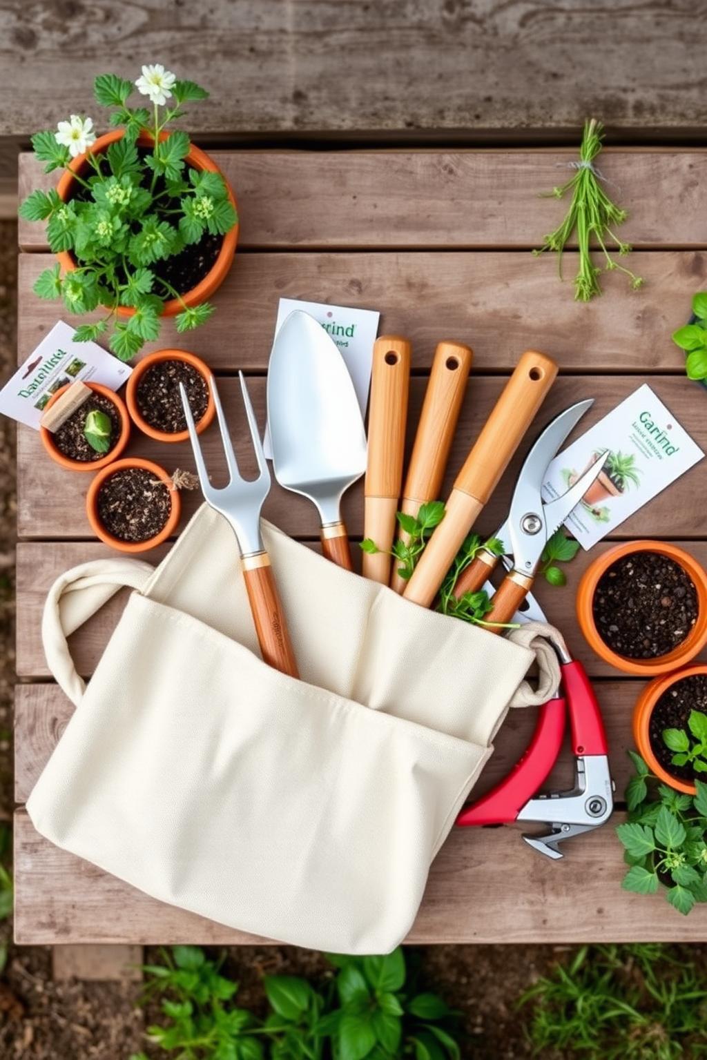 Eight-piece garden hand tool set with wooden handles and stainless steel heads, in a canvas tote on a rustic potting bench with herbs and terracotta pots.