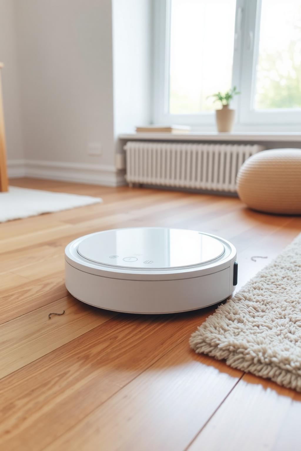 Smart robot vacuum on warm oak flooring.